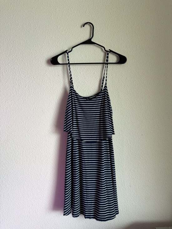 American Eagle Dresses & Skirts - American Eagle Navy Blue & White Striped Ruffle Flounce Mini Dress Size S